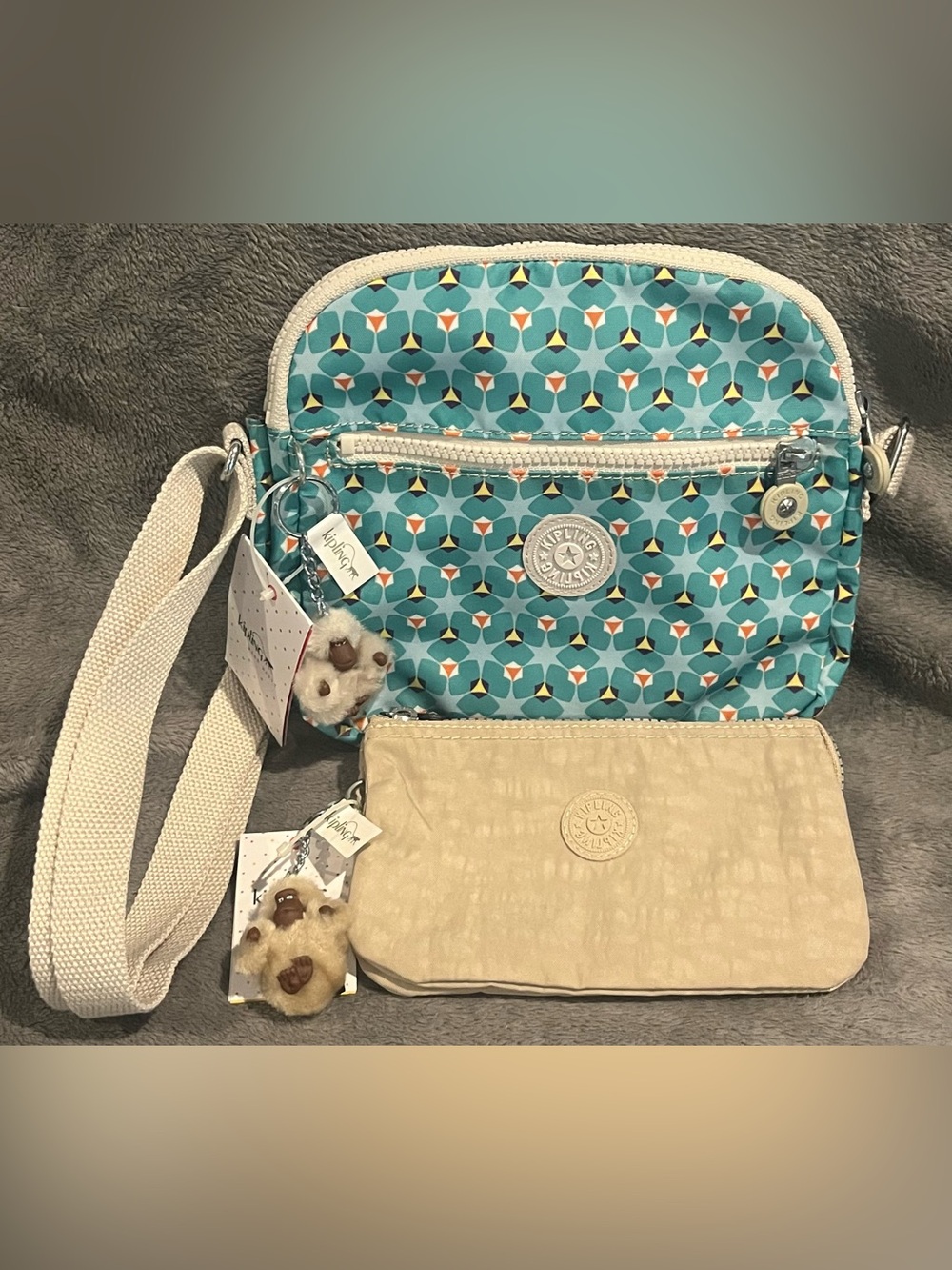 Kipling Teal Print Crossbody with Khaki Wallet NWT